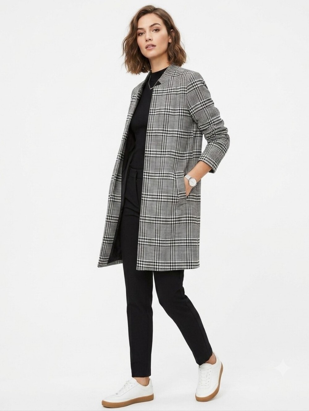 Carolina Belle Glen Plaid Top Coat Black White Large - Picture 3 of 15